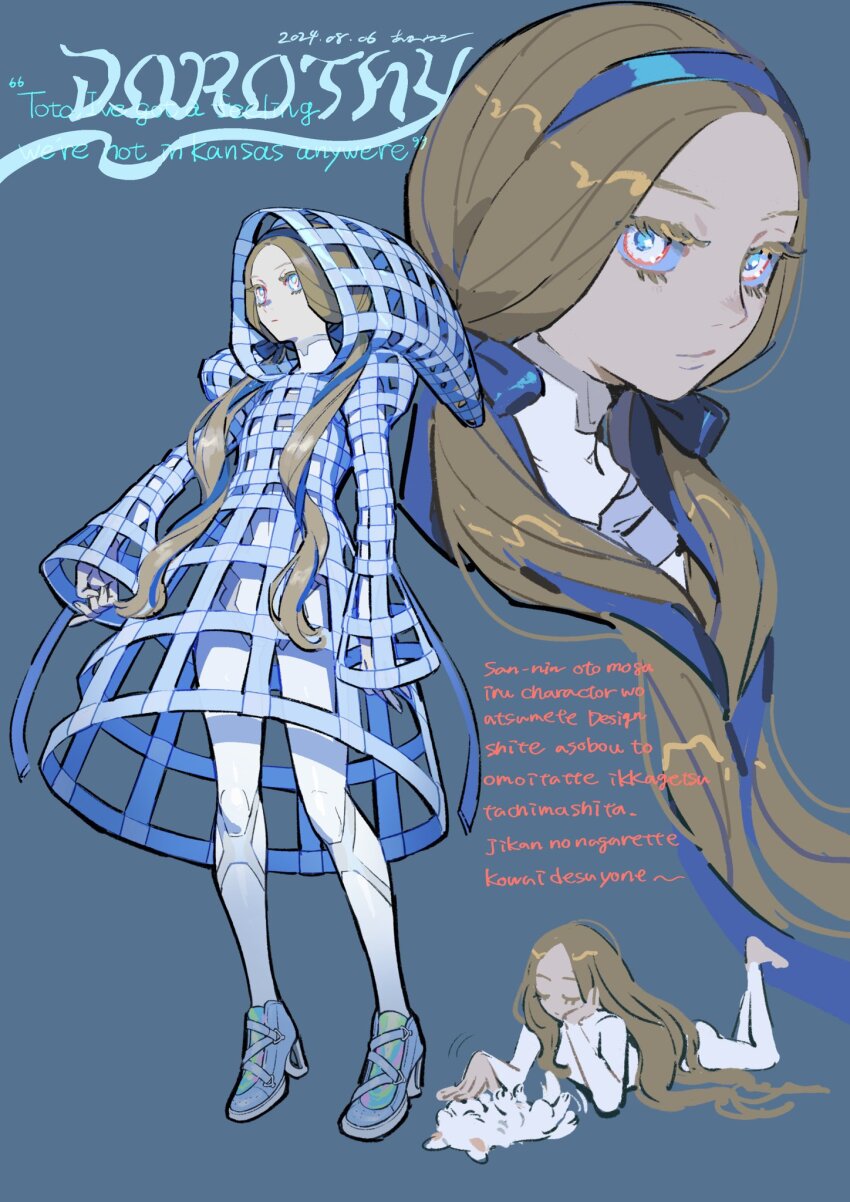 1girl akaneko_(redakanekocat) blonde_hair blue_background blue_eyes blue_hairband blue_ribbon bodysuit character_name commentary cropped_head dated dorothy_gale dress english_commentary expressionless full_body hair_ribbon hairband high_heels highres hood hood_up juliet_sleeves long_hair long_sleeves low_twintails puffy_sleeves revealing_clothes ribbon romaji_text signature sleeves_past_wrists solo source_quote the_wizard_of_oz thick_eyelashes twintails very_long_hair white_bodysuit white_dress white_footwear