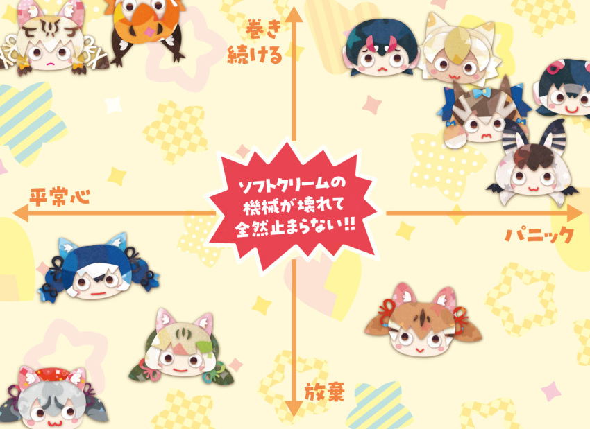 6+girls african_penguin_(kemono_friends) animal_ears bat_ears bat_girl black_hair blonde_hair blue_hair brown_hair brown_long-eared_bat_(kemono_friends) caracal_(kemono_friends) cat_ears cat_girl chipmunk_ears chipmunk_girl coyote_(kemono_friends) dire_wolf_(kemono_friends) extra_ears fox_ears fox_girl geoffroy&#039;s_cat_(kemono_friends) grey_hair hat headphones humboldt_penguin_(kemono_friends) island_fox_(kemono_friends) jungle_cat_(kemono_friends) kemono_friends kemono_friends_v_project kikuchi_milo large-spotted_genet_(kemono_friends) long_hair multiple_girls orange_hair penguin_girl ribbon short_hair siberian_chipmunk_(kemono_friends) simple_background translation_request twintails virtual_youtuber wolf_ears wolf_girl