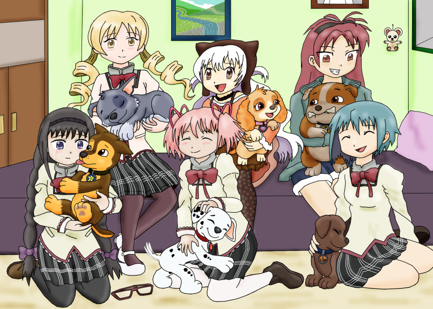 5boys 6+girls akemi_homura bedroom chase_(paw_patrol) crossover highres kaname_madoka mahou_shoujo_madoka_magica majka626 marshall_(paw_patrol) miki_sayaka momoe_nagisa multiple_boys multiple_girls paw_patrol rubble_(paw_patrol) sakura_kyoko skye_(paw_patrol) tomoe_mami zuma_(paw_patrol)