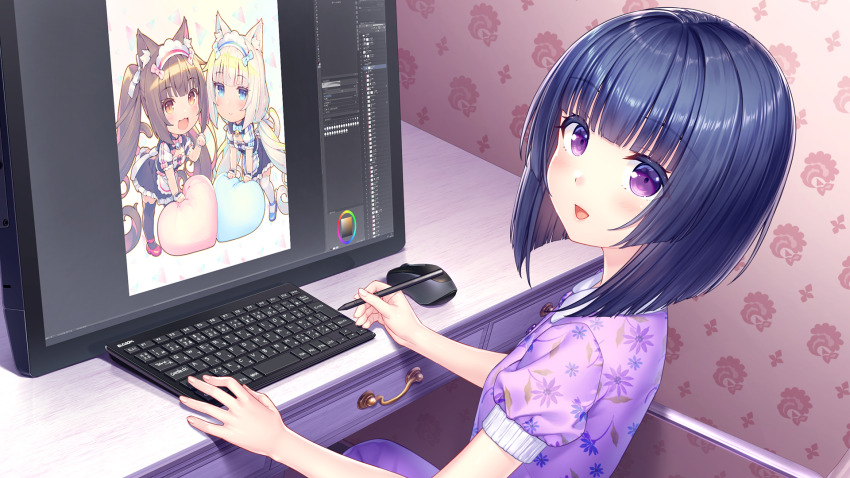 1girl :d animal_ear_fluff animal_ears blue_bow blue_eyes blue_hair blue_shoes blush bow buttons cat_ears cat_girl cat_tail chibi chocola_(nekopara) computer_keyboard computer_mouse desk drawer drawing_(action) floral_print flower_print game_cg heart highres holding holding_stylus indoors logo looking_at_viewer medium_hair minazuki_shigure monitor nekopara non-web_source official_art open_mouth orange_eyes pajamas pillow pink_bow purple_eyes purple_pajamas red_shoes sayori_(neko_works) shoes short_hair short_sleeves sitting smile stylus tail vanilla_(nekopara) wallpaper_(object)