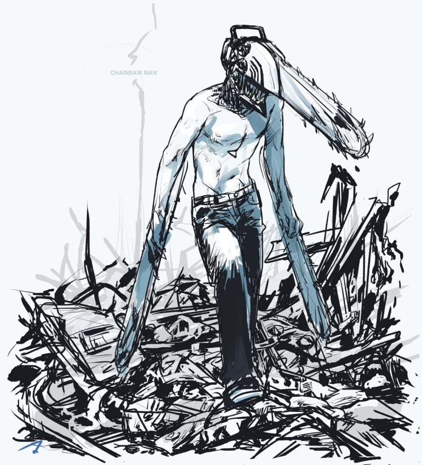 1boy chainsaw chainsaw_man commentary copyright_name denji_(chainsaw_man) handle highres matahei mechanical_head no_shirt pull_cord rubble sharp_teeth signature simple_background sketch solo teeth topless_male white_background