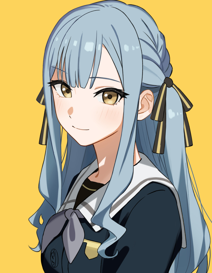 1girl absurdres add_leir bang_dream! bang_dream!_it&#039;s_mygo!!!!! black_ribbon blue_hair blue_shirt blush chinese_commentary closed_mouth commentary_request grey_neckerchief hair_ribbon highres long_hair neckerchief ribbon school_uniform shirt sidelocks simple_background solo togawa_sakiko tsukinomori_school_uniform two_side_up upper_body yellow_background yellow_eyes