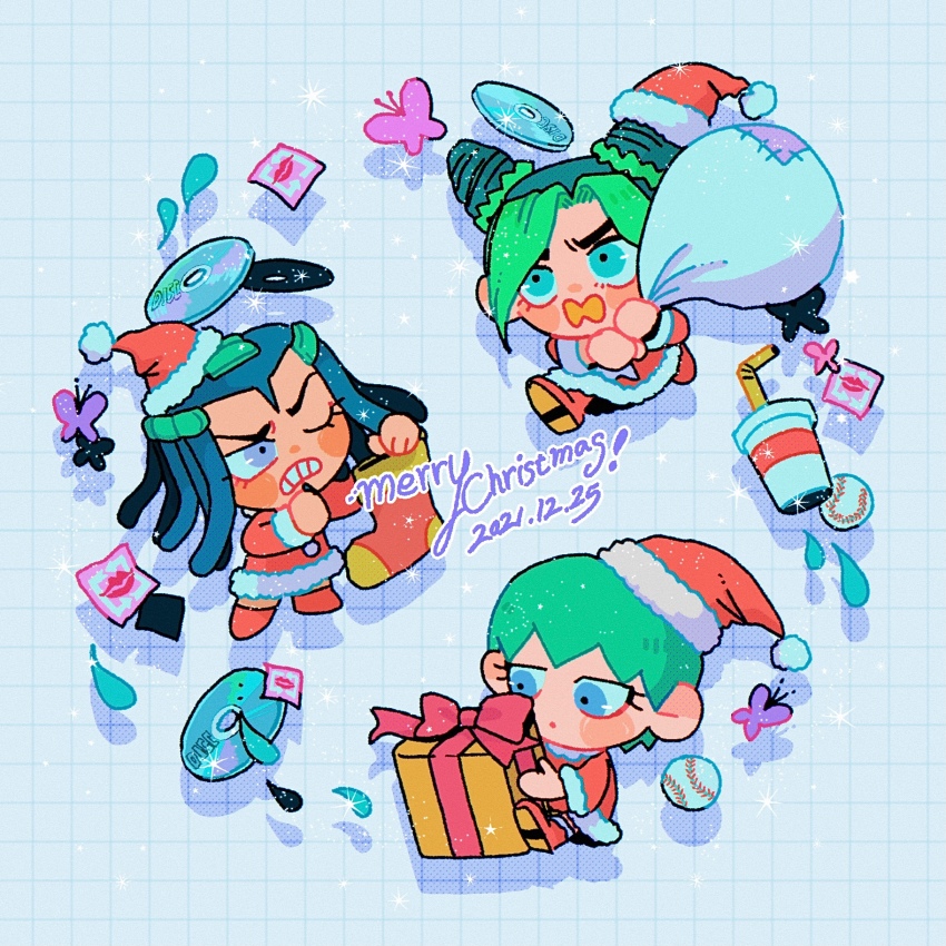 3girls baseball braid bug butterfly cd chibi christmas closed_mouth cup disposable_cup double_bun dreadlocks english_text ermes_costello expressionless film_grain foo_fighters_(jojo) gift green_hair grid_background hair_bun hair_ornament hat highres insect jojo_no_kimyou_na_bouken kiss_(stand) kuujou_jolyne long_hair multiple_girls natchan_blue_(nanairopenki) open_mouth sack santa_costume santa_hat short_hair sparkle stone_ocean water_drop