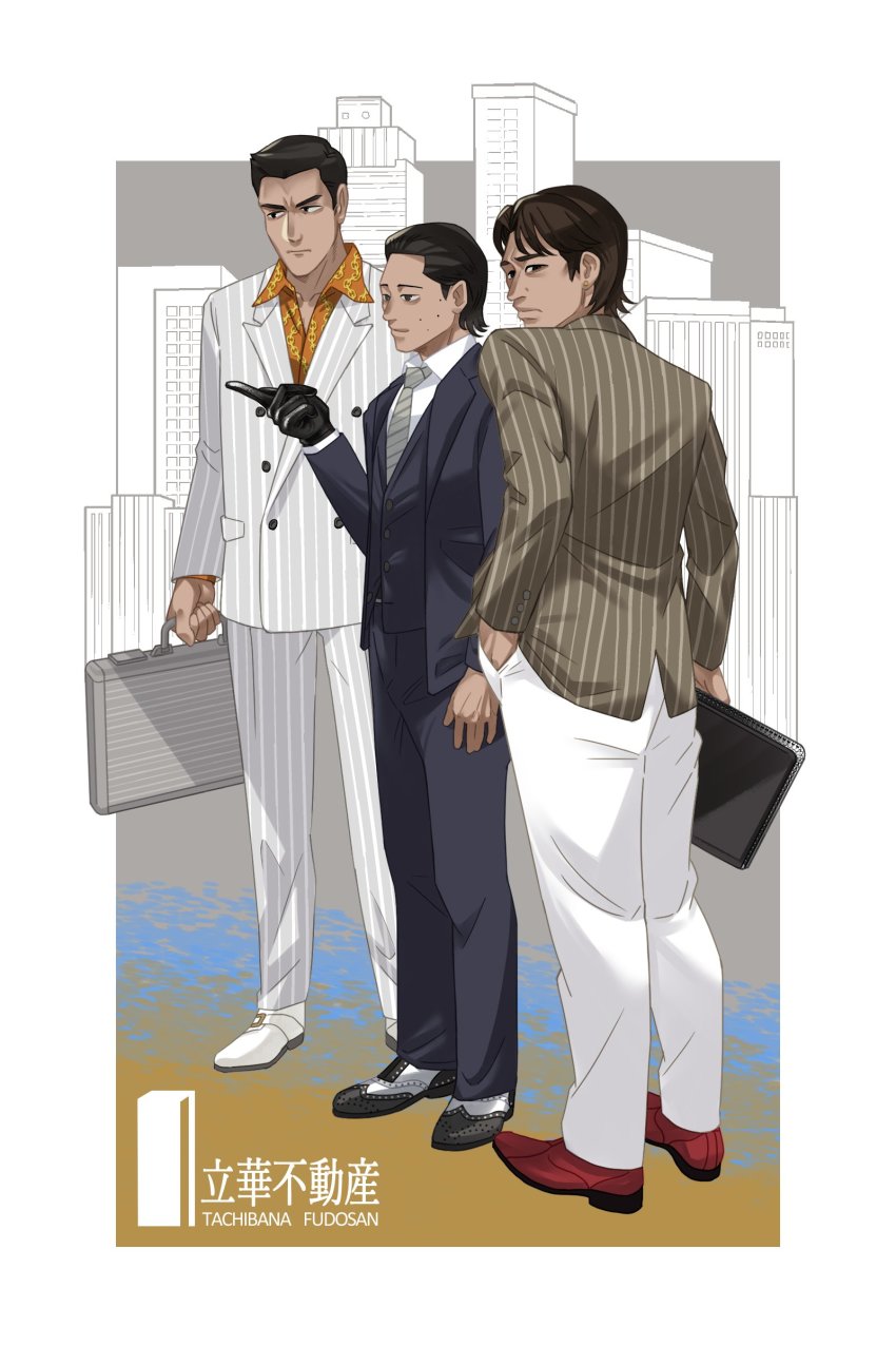 1980s_(style) absurdres black_footwear black_gloves black_jacket black_pants blue_eyes briefcase brown_hair chain_print city cityscape enokido facial_hair formal_clothes gloves green_neckwear highres jacket kiryu_kazuma male_focus necktie oda_jun oldschool orange_shirt pants red_footwear retro_artstyle ryuu_ga_gotoku_(series) ryuu_ga_gotoku_0 sega shirt suit tachibana_tetsu vest white_footwear white_jacket white_pants white_suit