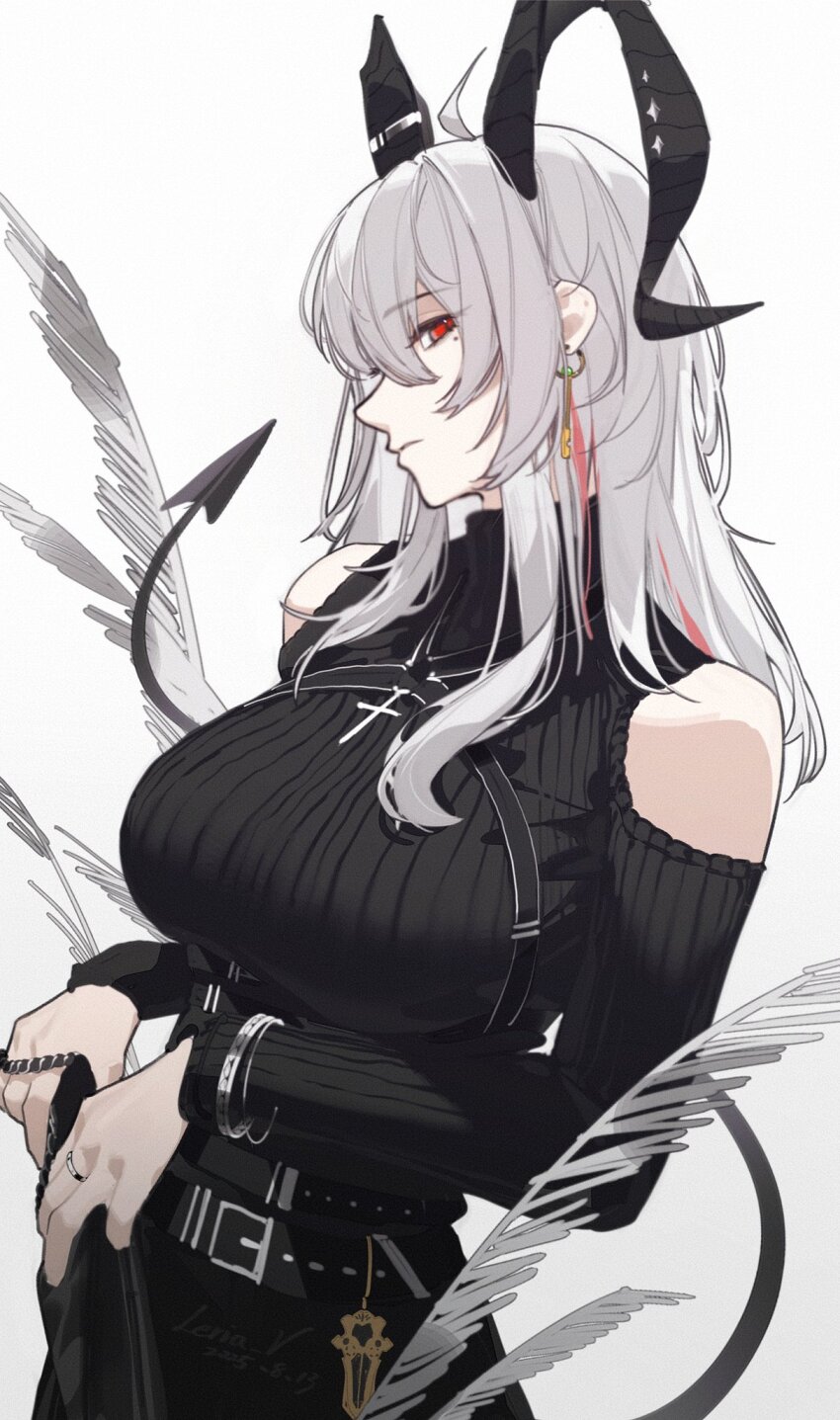 1girl ahoge alternate_costume artist_name bare_shoulders black_horns black_pants black_shirt black_tail bracelet breasts closed_mouth clothing_cutout commentary cowboy_shot curled_horns dated demon_tail earrings grey_hair hair_between_eyes highres horns jewelry key_earrings large_breasts leria_v long_hair long_sleeves looking_at_viewer mole mole_under_eye multicolored_hair pants red_eyes shirt shoulder_cutout solo streaked_hair tail turtleneck turtleneck_shirt wuthering_waves zani_(wuthering_waves)