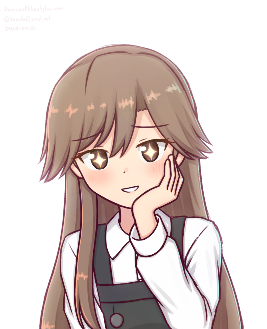 +_+ 1girl arashio_(kancolle) black_dress brown_eyes brown_hair collared_shirt dress dress_shirt hand_on_own_face highres kantai_collection konato_k long_hair looking_at_viewer pinafore_dress shirt simple_background sleeveless sleeveless_dress smile solo white_background white_shirt