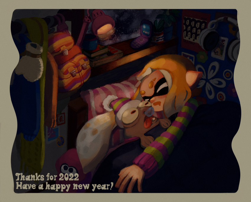 1girl 2022 backpack bag bed bedroom blanket book cellphone closed_eyes colored_tongue commentary_request cup drooling english_text eyebrow_cut flip_phone gloves gradient_hair green_sweater happy_new_year hat headphones highres indoors inkling inkling_girl inkling_player_character ka1_(k4k37) lamp long_hair long_sleeves mouth_drool mug multicolored_hair new_year nintendo nose_bubble open_mouth orange_hair orange_tongue phone pillow pink_sweater pointy_ears pom_pom_(clothes) poster_(object) scarf sleeping smallfry_(splatoon) solo splatoon_(series) striped_clothes striped_sweater stuffed_squid sweater tentacle_hair twintails two-tone_hair two-tone_sweater under_covers unworn_backpack unworn_bag unworn_gloves unworn_headphones unworn_scarf white_hair