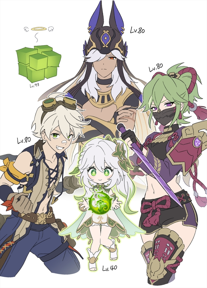 2boys 2girls angduuuu_(ghost) animal_hat armor bennett_(genshin_impact) black_choker black_hat choker clenched_hands closed_mouth commentary crossed_arms cyno_(genshin_impact) dark-skinned_male dark_skin dress english_commentary genshin_impact glowing glowing_eyes goggles goggles_on_head green_eyes green_hair grin hair_between_eyes hair_ornament hair_over_one_eye hat highres japanese_armor japanese_clothes kuki_shinobu long_hair mask mouth_mask multiple_boys multiple_girls nahida_(genshin_impact) ninja_mask ponytail purple_eyes red_eyes side_ponytail simple_background smile vision_(genshin_impact) white_background