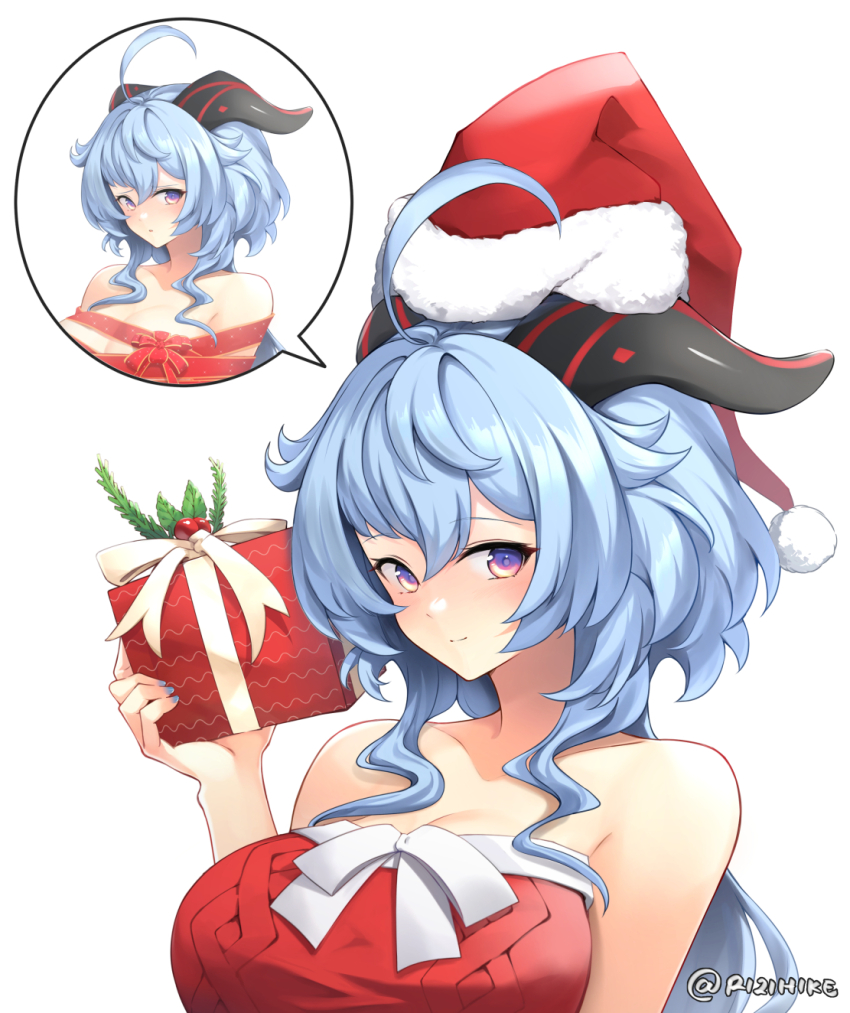 1girl ahoge artist_name bare_shoulders blue_hair blush bound bow breasts christmas cleavage ganyu_(genshin_impact) genshin_impact gift hat highres horns large_breasts light_smile long_hair looking_at_viewer purple_eyes red_ribbon ribbon ribbon_bondage rizihike santa_costume santa_hat sidelocks solo speech_bubble twitter_username upper_body white_background