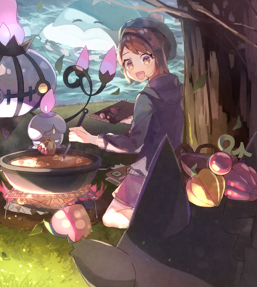 1girl :d berry_(pokemon) blush brown_eyes brown_hair cardigan chandelure cheri_berry commentary_request cooking curry dress fire food gen_1_pokemon gen_5_pokemon gengar gloria_(pokemon) grass green_headwear grey_cardigan hat highres holding holding_ladle jellicent jellicent_(male) ladle leaf liechi_berry litwick looking_at_viewer nagatsukiariake nintendo open_mouth pink_dress pokemon pokemon_(creature) pokemon_swsh short_hair smile tam_o&#039;_shanter tree water