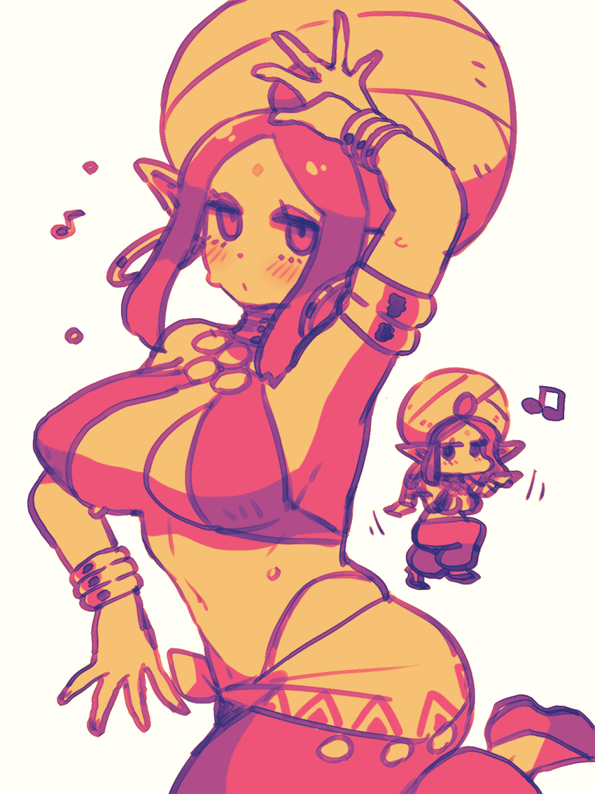 1girl belly_dancing bindi breast_curtains breasts chibi chibi_inset dancing earrings facial_mark forehead_mark genie genie_(siva-siva) half_note highres hoop_earrings jewelry jitome large_breasts long_pointy_ears musical_note neck_ring original pointy_ears sidelocks simple_background siva-siva turban white_background