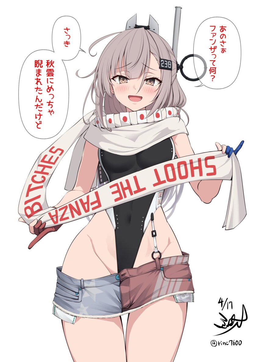 1girl american_flag american_flag_print black_one-piece_swimsuit breasts cowboy_shot denim denim_skirt flag_print gloves grey_hair hair_ornament headgear highleg highleg_one-piece_swimsuit highres ichikawa_feesu japanese_flag kantai_collection kill_markings long_hair looking_at_viewer medium_breasts one-piece_swimsuit partially_fingerless_gloves scarf simple_background skirt solo swimsuit twitter_username two-tone_one-piece_swimsuit wahoo_(kancolle) white_background white_scarf
