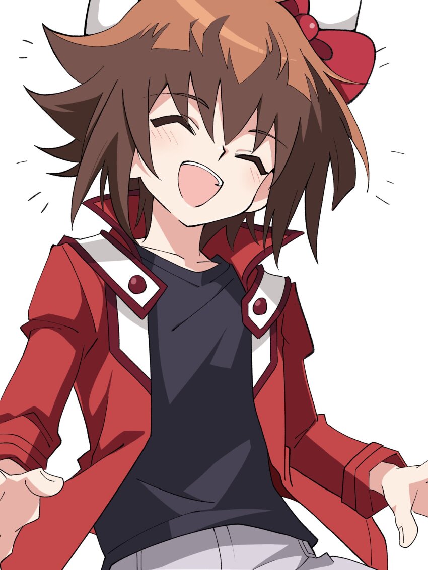 1boy :d ^_^ black_shirt blush bow brown_hair closed_eyes facing_viewer hair_bow highres jacket long_sleeves male_focus niyane open_clothes open_jacket open_mouth red_bow red_jacket shirt short_hair simple_background smile solo upper_body white_background yu-gi-oh! yu-gi-oh!_gx yuki_judai