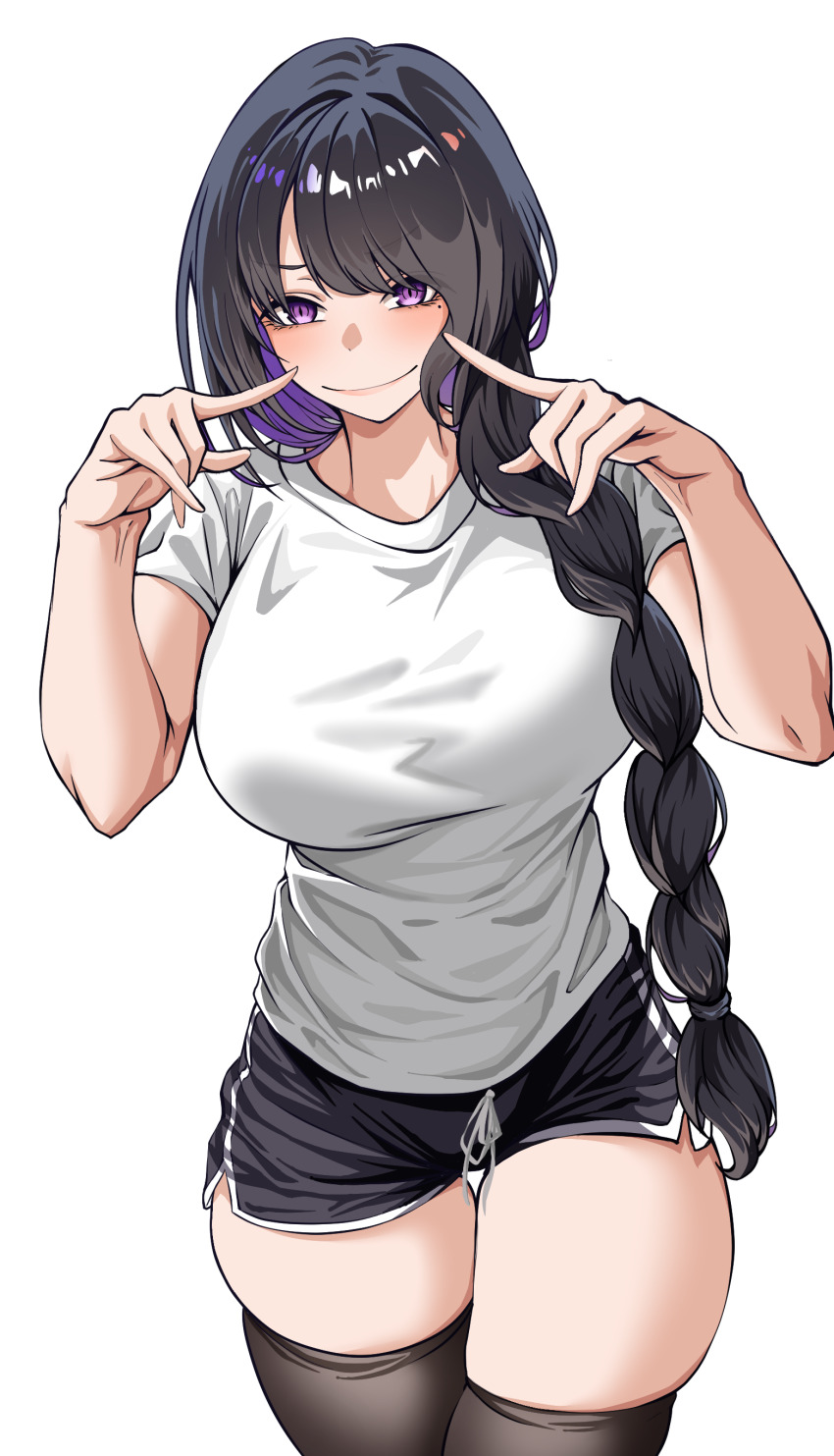 1girl absurdres black_hair black_thighhighs braid breasts contemporary cowboy_shot elsa_granhilte highres large_breasts long_hair looking_at_viewer mole mole_under_eye purple_eyes re:zero_kara_hajimeru_isekai_seikatsu shirt short_shorts shorts skindentation smile solo thighhighs thighs ve666ve white_shirt