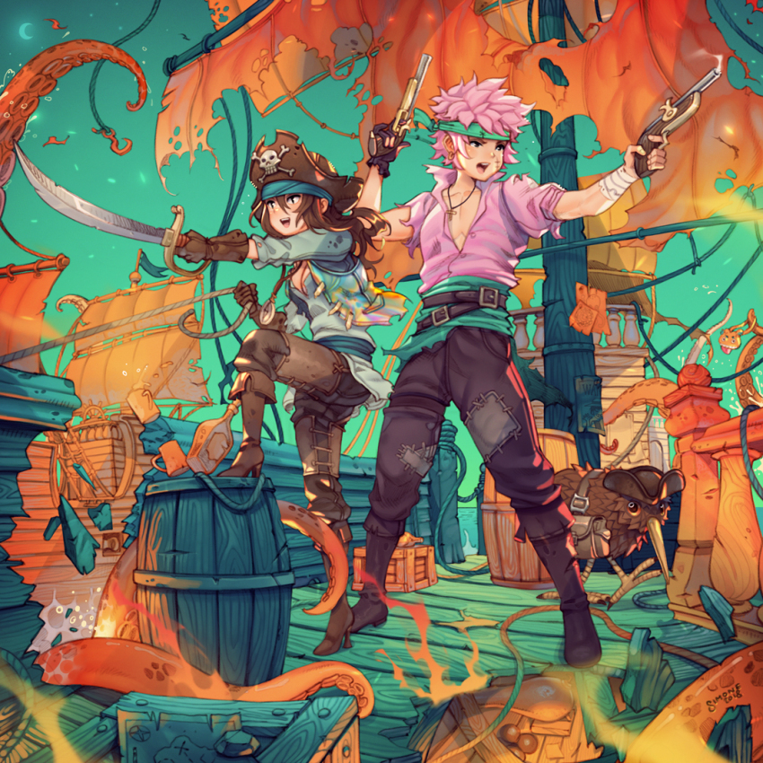 1boy 1girl aiming amulet animal antique_firearm aqua_headband aqua_sash artist_name bandaged_arm bandages barrel battle_damage belt bird black_boots black_pants blue_sky boots bottle breasts brown_boots brown_gloves brown_hair brown_pants cleavage clothed_animal commentary crate crescent_moon cross cross_necklace cup cutlass dated earrings english_commentary facial_scar firearm firelock flag flintlock gloves grey_shirt gun handgun hat high_heel_boots high_heels holding holding_gun holding_rope holding_sword holding_weapon hole_in_floor jewelry kiwi_(bird) knee_up kraken long_hair looking_to_the_side moon mug multicolored_vest multiple_belts necklace ocean open_mouth original pants patch pectoral_cleavage pectorals pink_hair pink_shirt pirate pirate_hat pirate_ship plunging_neckline pointing_melee_weapon rope sailing_ship scar scar_on_cheek scar_on_face shirt short_hair simz single_glove sky smoke smoking_barrel standing suction_cups sword teeth tentacles torn_clothes torn_shirt treasure_map tricorne upper_teeth_only wanted_poster water_drop weapon wooden_floor