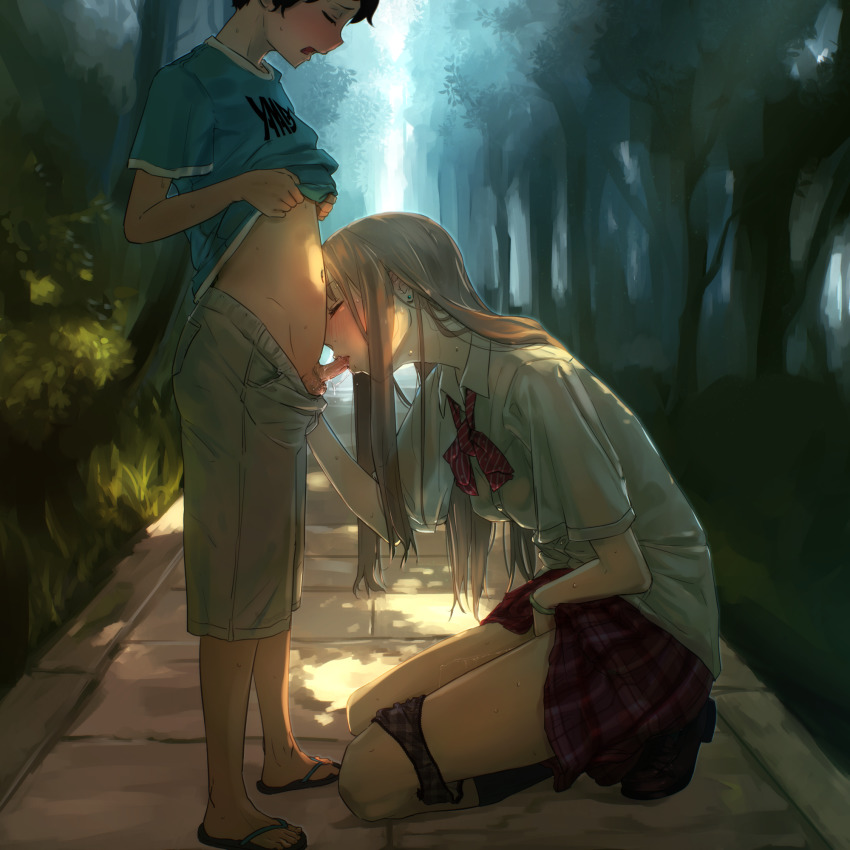 1boy 1girl age_difference assertive_female black_hair black_panties blonde_hair blush bracelet breasts closed_eyes commentary_request earrings fellatio female_masturbation flip-flops full_body hetero highres jewelry kneeling long_hair masturbation medium_breasts night onee-shota oral original outdoors pale_skin panties panties_around_leg penis plaid_clothes plaid_panties pleated_skirt revision saliva sandals school_uniform see-through_clothes short_hair shorts shota size_difference skirt small_penis socks standing teenage_girl_and_younger_boy testicles tree underwear yamada_(gotyui)