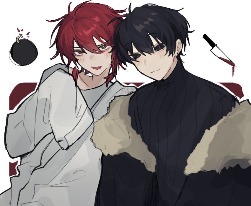 2boys black_eyes black_hair black_jacket black_skirt blood bloody_knife bomb earrings explosive grey_jacket highres jacket jewelry knife light_blush light_smile maeno_aki multiple_boys open_mouth oversized_clothes red_eyes red_hair skirt tsugino_haru vamporu watermark white_background zeno_(game)