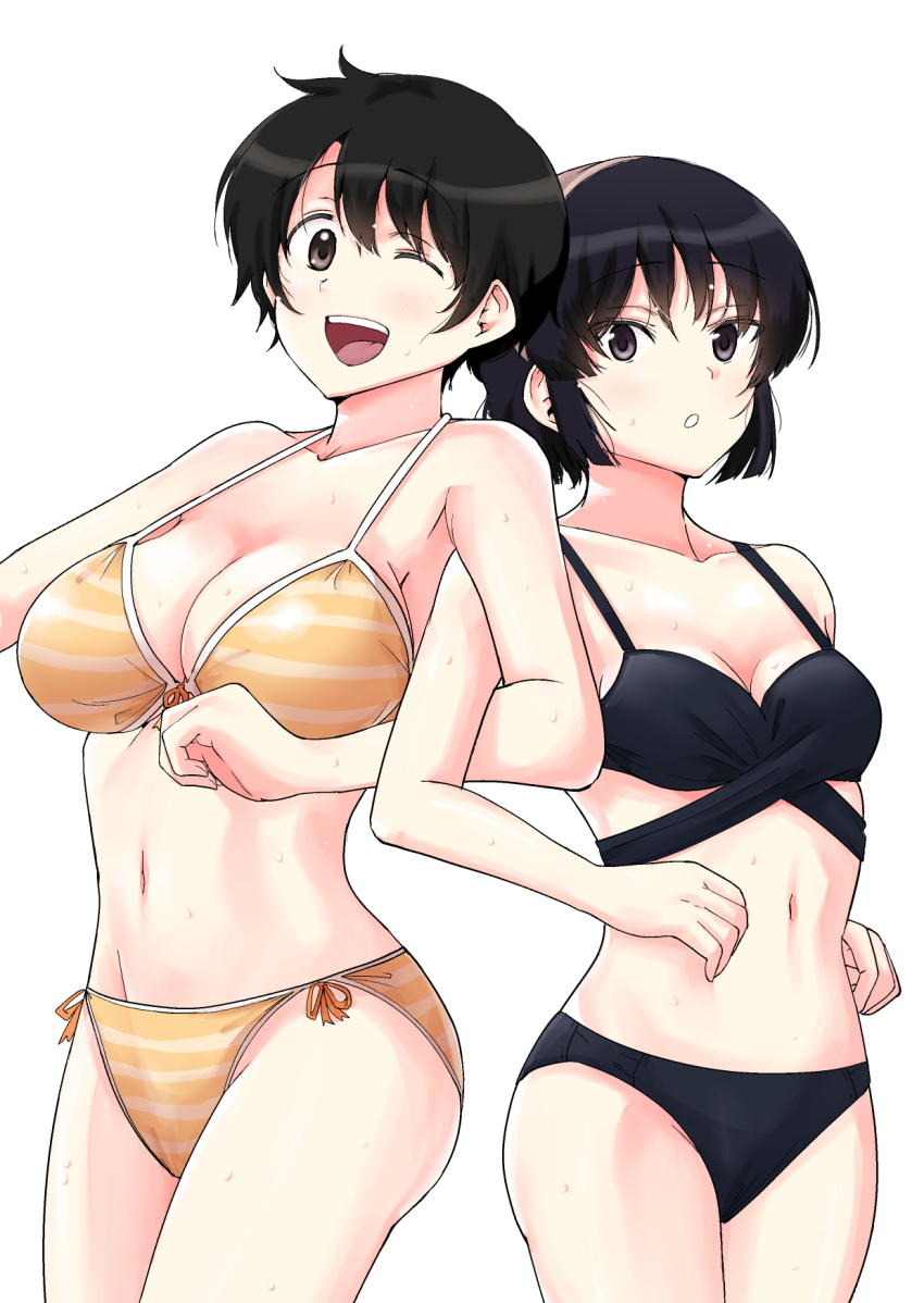2girls ;d bikini black_bikini black_eyes black_hair breasts cleavage collarbone commentary_request cowboy_shot highres kujou_meika large_breasts locked_arms looking_at_viewer meika-san_wa_oshikorosenai multiple_girls navel oka_miyako one_eye_closed open_mouth orange_bikini outside_border parted_lips saitou_shouki short_hair side-tie_bikini_bottom simple_background small_breasts smile standing stomach striped_bikini striped_clothes swimsuit teeth upper_teeth_only wet white_background