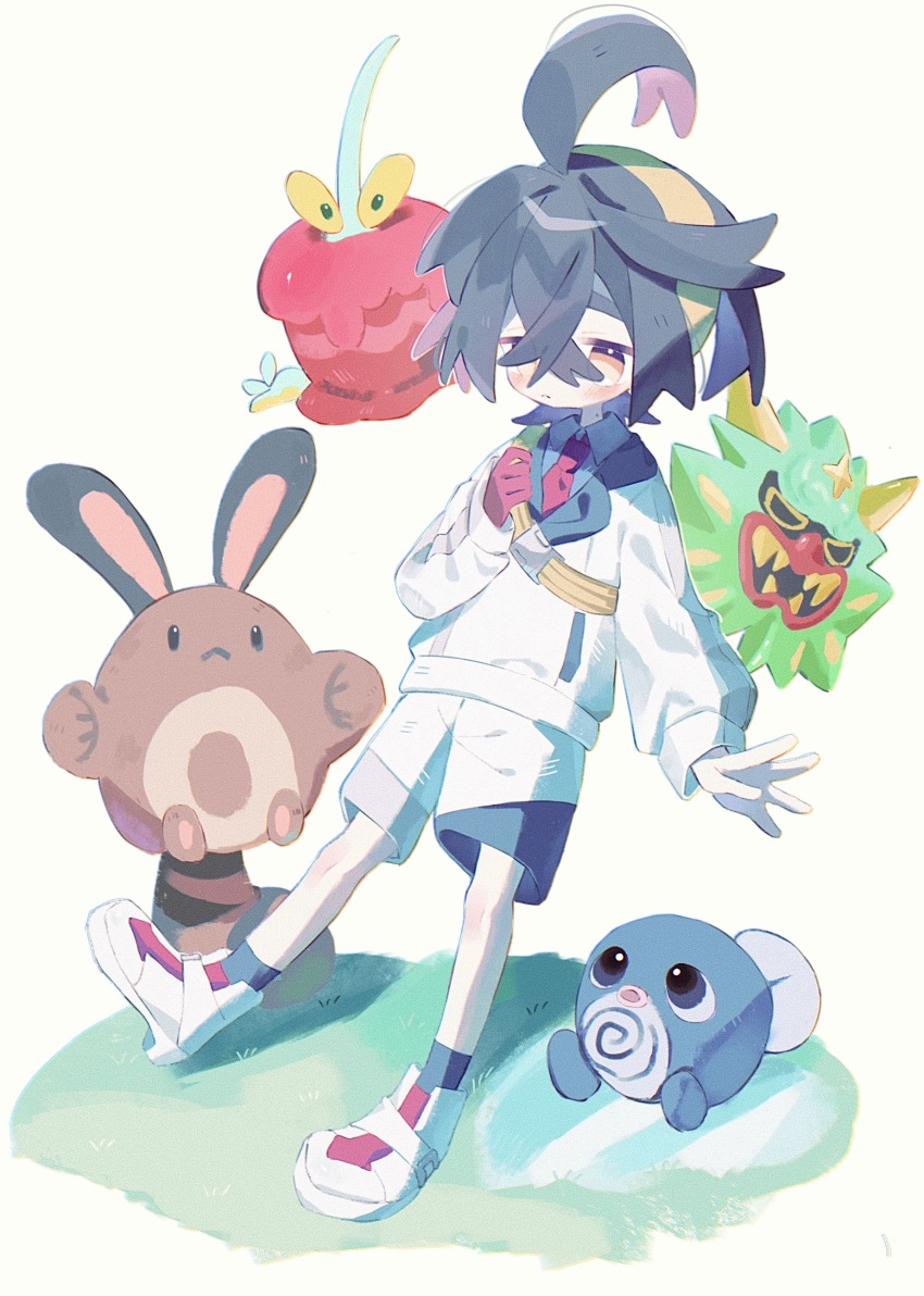 1boy :&lt; absurdres black_hair blue_shirt blue_socks closed_mouth collared_shirt crossed_bangs dipplin gen_1_pokemon gen_2_pokemon gloves hair_between_eyes hairband highres jacket kieran_(pokemon) long_sleeves male_focus mask mole mole_on_neck multicolored_hair nintendo pokemon pokemon_(creature) pokemon_sv poliwag purple_hair r127125 red_gloves sentret shirt shoes shorts simple_background single_glove socks white_jacket white_shoes yellow_hairband