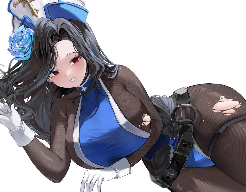 1girl absurdres belt black_belt black_hair blue_tabard bodystocking braid braided_ponytail cross cross_earrings earrings gloves goddess_of_victory:_nikke gurami_(zangizarang) hat highres ice_flower jewelry long_hair lying maiden_(ice_rose)_(nikke) maiden_(nikke) red_eyes simple_background smile solo tabard thick_thighs thigh_strap thighs torn_bodystocking torn_clothes very_long_hair white_background white_gloves