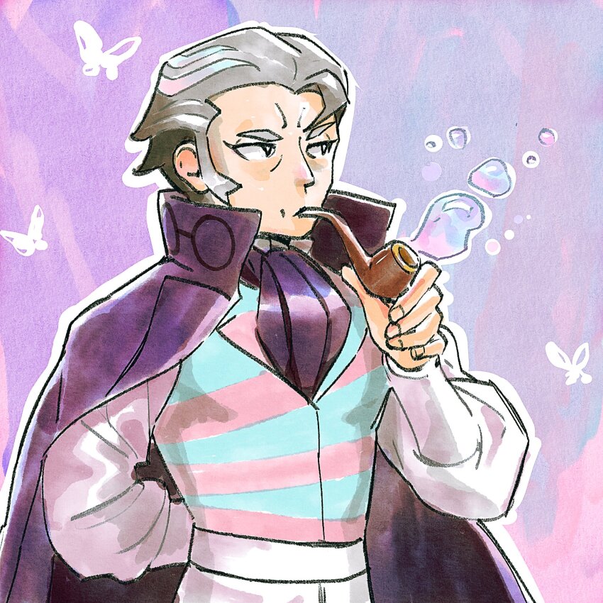 1boy alternate_costume arm_behind_back black_eyes bright_pupils cape commentary go-lurk grey_hair highres holding holding_smoking_pipe kabu_(pokemon) long_sleeves looking_to_the_side male_focus mouth_hold nintendo outline pants pokemon pokemon_swsh purple_background shirt short_hair smoking_pipe solo vest white_pants white_pupils white_shirt