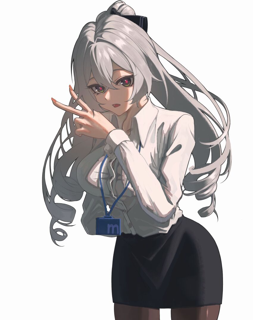 1girl absurdres black_skirt breasts bronya_zaychik bronya_zaychik_(outstanding_attitude) bronya_zaychik_(silverwing:_n-ex) brown_pantyhose chinese_commentary commentary_request cowboy_shot drill_hair grey_eyes grey_hair hand_up highres honkai_(series) honkai_impact_3rd lanyard large_breasts long_hair long_sleeves looking_at_viewer miniskirt official_alternate_costume open_mouth pantyhose pencil_skirt shirt simple_background skirt solo standing v very_long_hair white_background white_shirt yushengzizishengpian