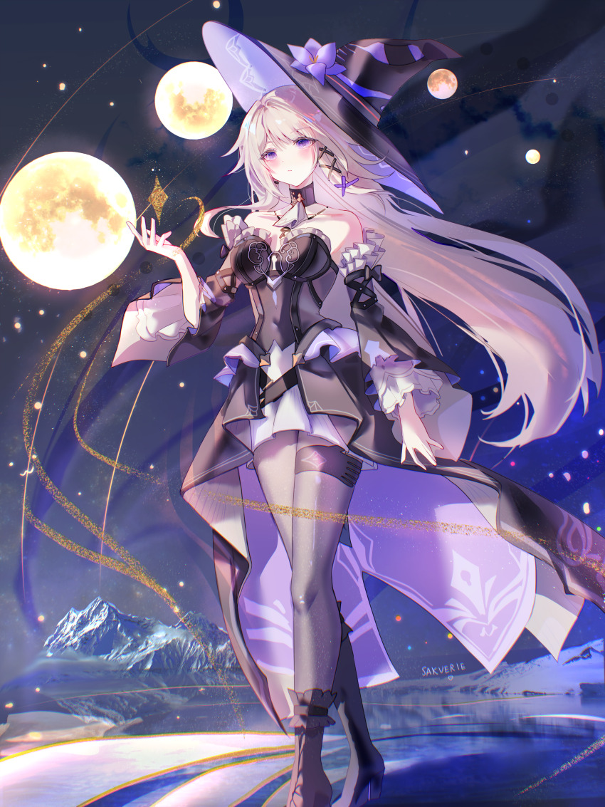 absurdres artist_name bare_shoulders black_dress black_footwear black_pantyhose breasts brown_hair commentary dress full_body hat herta_(honkai:_star_rail) high_heels highres hiranmayi honkai:_star_rail honkai_(series) iceberg long_hair medium_breasts night night_sky pantyhose planet purple_eyes sky the_herta_(honkai:_star_rail) witch_hat