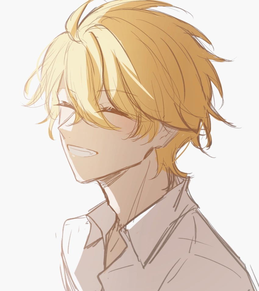 1boy ^_^ absurdres ahoge blonde_hair closed_eyes collared_shirt facing_viewer giancarlo_bourbon_del_monte grin highres lucky_dog_1 male_focus mohexi459 open_collar shirt short_hair simple_background smile solo upper_body white_background white_shirt