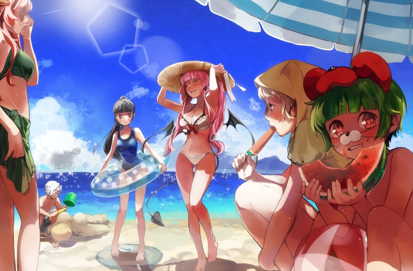 1boy 5girls ball bat_wings beach beachball bikini blonde_hair blue_sky blush breasts brown_eyes cloud day food fruit green_hair groin hat highres innertube large_breasts long_hair masyu_yuyu medium_breasts multiple_girls ocean one-piece_swimsuit original outdoors pink_hair ponytail popsicle sand sarong school_swimsuit short_hair sky standing straw_hat summer swim_ring swimsuit tail water watermelon watermelon_bar wings