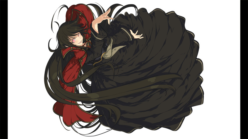 1girl absurdres black_dress brown_hair cape crazy_smile dress highres kagura_(senran_kagura) long_hair long_sleeves non-web_source official_art open_mouth pillarboxed pink_eyes red_cape senran_kagura senran_kagura_burst_re:newal smile solo symbol-shaped_pupils white_background yaegashi_nan
