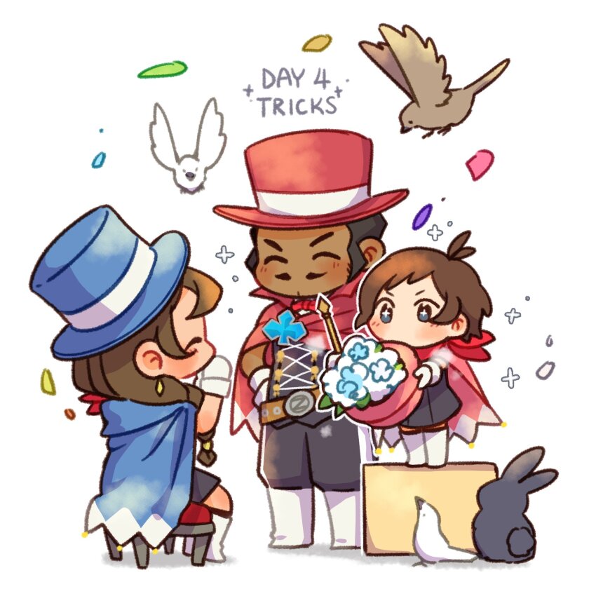 1boy 2girls ace_attorney aged_down antenna_hair bird black_dress black_hair black_pants black_rabbit_(animal) black_vest blue_cape blue_eyes blue_flower blue_headwear boots bouquet bow bowtie box brown_bird brown_hair cape chibi closed_eyes club_(shape) confetti dark-skinned_male dark_skin dress earrings english_text facial_hair family flower hands_on_own_hips hat highres holding holding_unworn_clothes holding_unworn_hat jewelry lamiroir_(ace_attorney) littlemay528 long_hair looking_at_another low-tied_long_hair medium_hair multiple_girls mustache no_mouth on_box own_hands_together pants red_bow red_bowtie red_cape red_headwear red_scarf scarf short_dress short_hair simple_background sitting sparkle sparkling_eyes standing standing_on_box top_hat trucy_wright unworn_hat unworn_headwear v-shaped_eyebrows vest white_background white_bird white_footwear zak_gramarye