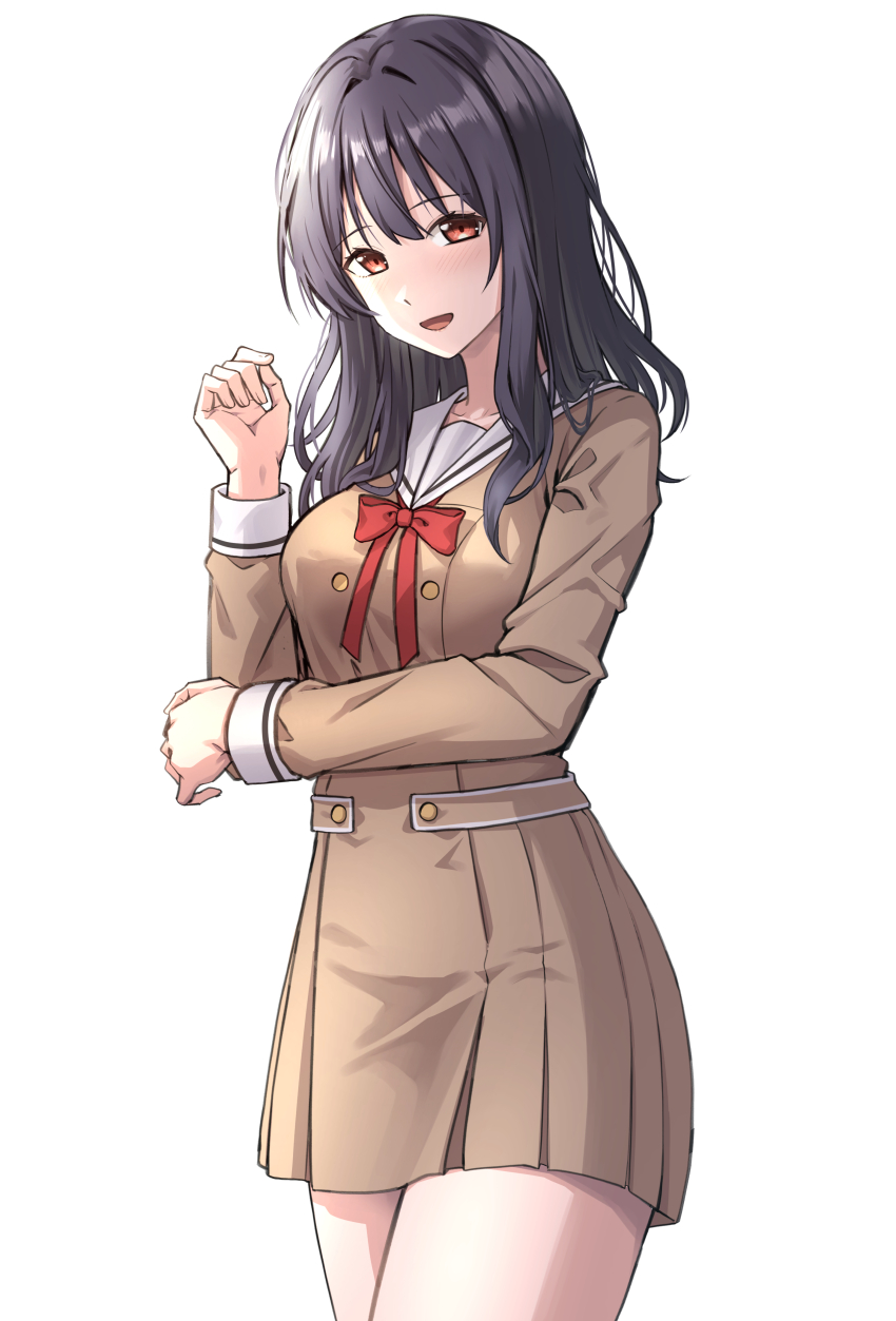 1girl absurdres arm_under_breasts bang_dream! black_hair blush bow bowtie breasts brown_dress buttons cowboy_shot double-breasted dress hanasakigawa_school_uniform hand_on_own_elbow hands_up highres long_hair long_sleeves looking_at_viewer medium_breasts open_mouth orange_eyes pleated_dress ptal red_bow red_bowtie sailor_collar school_uniform serafuku sidelocks simple_background smile solo standing ushigome_yuri white_background white_sailor_collar