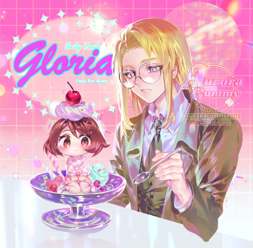 1boy 1girl alternate_costume artist_name auroragummy avery_(pokemon) blonde_hair blue_eyes brown_eyes brown_hair brown_jacket buttons character_name cherry closed_mouth collared_shirt commentary_request email_address food fruit glasses gloria_(pokemon) highres holding holding_spoon jacket korean_commentary long_hair looking_down mini_person minigirl necktie nintendo open_clothes open_jacket pokemon pokemon_swsh round_eyewear shirt sitting smile sparkle spoon teeth vest watermark