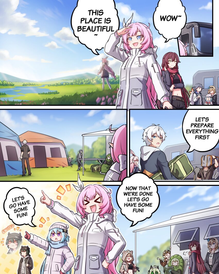 &gt;_&lt; 4boys 6+girls :d :o ^_^ absurdres alternate_costume animal_ears animal_hood aponia_(honkai_impact) belt blue_eyes blue_hair blue_sky camping cat_hood closed_eyes cloud cloudy_sky comic eden_(honkai_impact) elysia_(honkai_impact) english_text eyewear_on_head fu_hua green_hair griseo highres holding_chair honkai_(series) honkai_impact_3rd hood hoodie jewelry kalpas_(honkai_impact) kevin_kaslana kosma long_hair long_scarf looking_at_another mhunter_45 midriff mobius_(honkai_impact) multiple_boys multiple_girls navel necklace no_eyes on_grass open_mouth outdoors pardofelis pink_hair pointing pointy_ears rabbit_ears reading red_scarf scarf sitting sky smile standing su_(honkai_impact) trailer vill-v white_hair white_headwear yae_sakura yae_sakura_(goushinnso_memento)