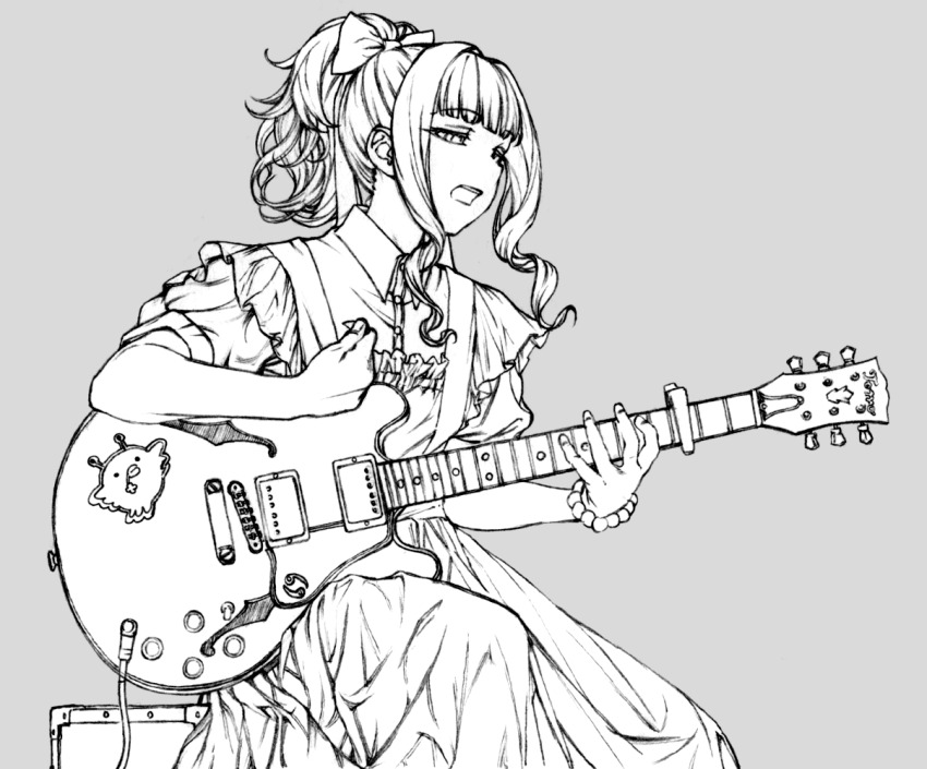 1girl capo_(guitar) dress electric_guitar fujii_tomo guitar idolmaster idolmaster_cinderella_girls instrument long_hair monochrome music open_mouth playing_instrument ponytail sidelocks sitting solo tv_nattou