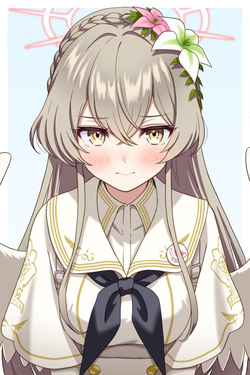 1girl angel_wings black_neckerchief blonde_hair blue_archive blush braid closed_mouth flower gesupi_(provlemsolver57) hair_between_eyes hair_flower hair_intakes hair_ornament halo highres long_hair nagisa_(blue_archive) neckerchief school_uniform serafuku sidelocks simple_background trinity_general_school_logo white_serafuku wings yellow_eyes