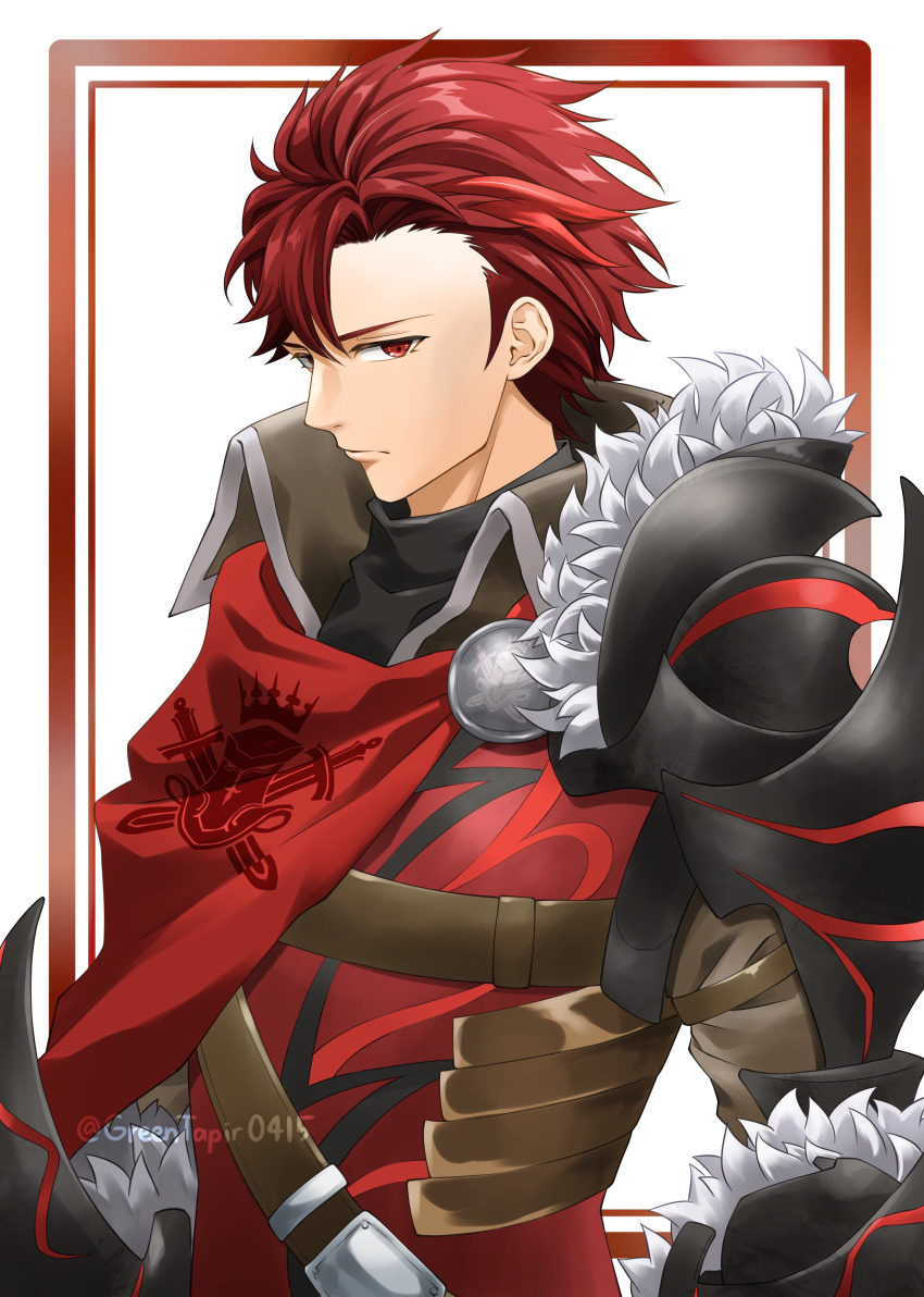 1boy absurdres armor artist_name belt belt_buckle border buckle cape closed_mouth commentary_request diamant_(fire_emblem) fire_emblem fire_emblem_engage fur_trim gauntlets highres insignia male_focus midori_no_baku nintendo red_border red_cape red_eyes red_hair short_hair shoulder_armor upper_body white_background