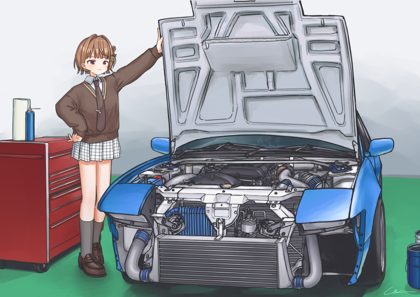 1girl arm_up blue_car brown_eyes brown_footwear brown_hair brown_necktie brown_sweater cabinet car collared_shirt commentary_request engine grey_socks hair_intakes hair_ornament hairclip hand_on_own_hip highres holding kneehighs long_sleeves miniskirt motor_vehicle necktie nissan nissan_180sx plaid_clothes plaid_skirt pleated_skirt sendo_yuuhi sendo_yuuhi_(1st_costume) shirt short_hair simana skirt socks solo sweater vehicle_focus virtual_youtuber vspo! white_shirt white_skirt