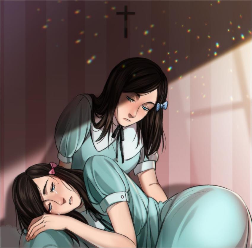 2girls aqua_dress black_ribbon blue_bow blue_eyes blush bow breasts brown_hair closed_eyes commentary cross crying dress fran_bow fran_bow_dagenhart frown hair_bow indoors looking_at_another lying medium_breasts multiple_girls neck_ribbon on_lap parted_lips puffy_short_sleeves puffy_sleeves ribbon riffraffhellyea short_sleeves sitting striped_wall tears teeth