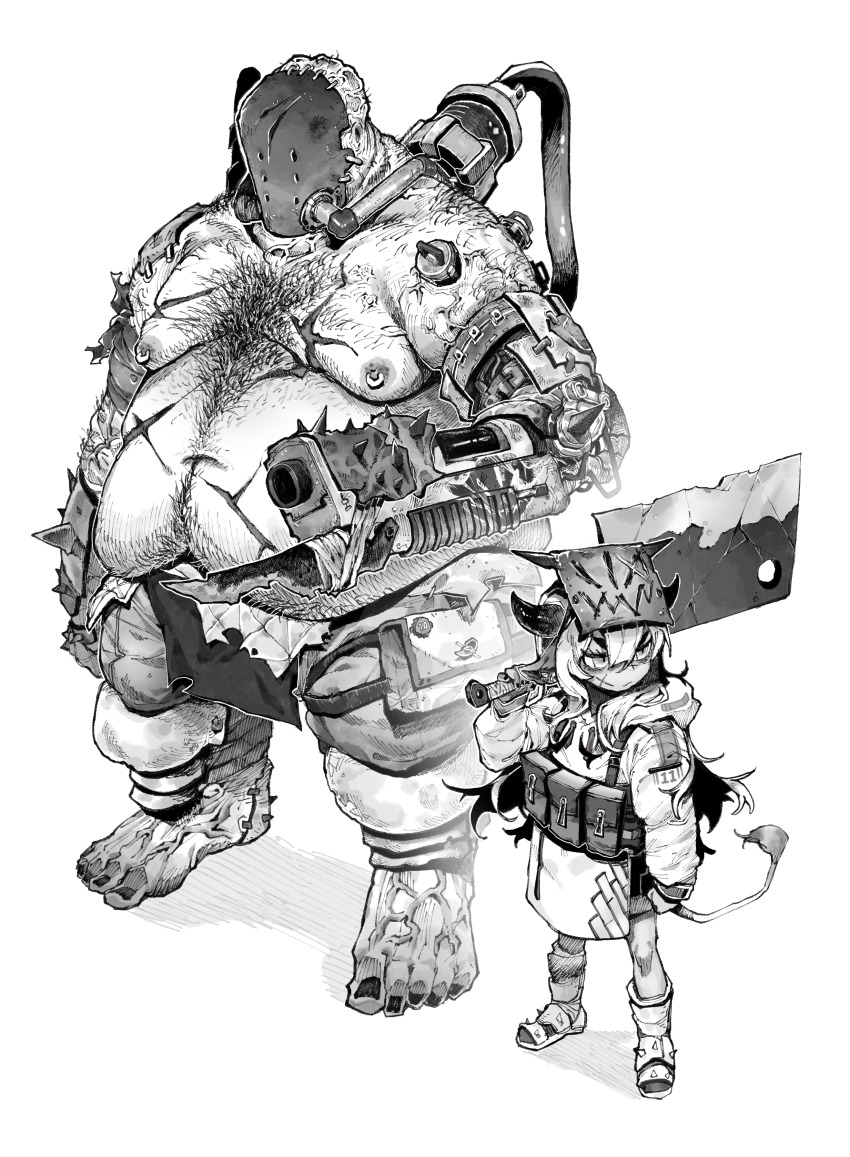 1boy 1girl absurdres angry animal_ears armored_boots bag bald bandolier barefoot battle_scarred bayonet belt body_hair boots chest_hair cleaver clenched_hand commentary_request cow_tail cross_scar damaged fat fat_man gauntlets greyscale gun hb_091 highres holding holding_cleaver hood hood_down hoodie horns long_hair looking_to_the_side mask mask_on_head monochrome nipple_piercing nipple_rings no_ears obese original piercing prosthetic_weapon satchel scar scar_on_face screw_in_body shadow simple_background single_gauntlet staple tail toenails topless_male veins weapon white_background