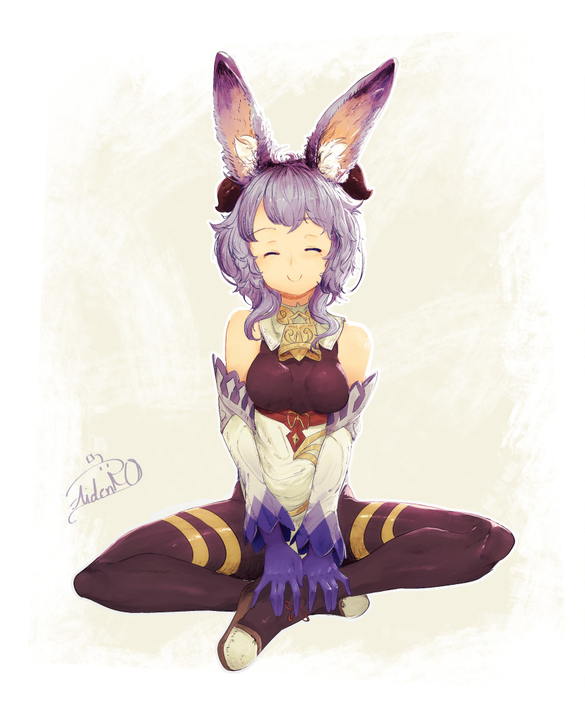 1girl ^_^ absurdres animal_ear_fluff animal_ears artist_name bare_shoulders bell blue_hair bodystocking breasts c: closed_eyes closed_mouth cowbell detached_sleeves facing_viewer female_focus ganyu_(genshin_impact) genshin_impact gloves highres indian_style kemonomimi_mode knees legs medium_breasts medium_hair neck_bell purple_gloves rabbit_ears shoes sidelocks signature sitting smile solo spindle_(aidenr0) straight-on swept_bangs thighs