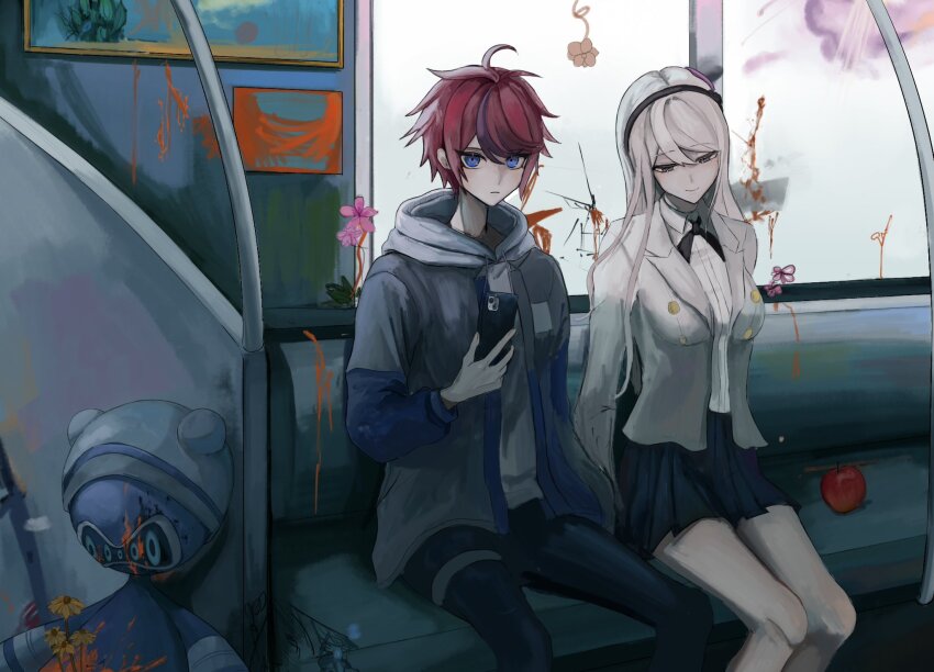 1boy 1girl ahoge apple black_ribbon black_skirt blood blood_splatter blue_eyes closed_mouth corpse flower food fruit grizzlei_(hundred_line) hair_between_eyes highres holding holding_phone indoors jacket kashimiya_karua long_hair looking_at_viewer messy_hair multicolored_hair orange_blood phone purple_hair red_hair ribbon skirt smile sumino_takumi the_hundred_line_-last_defense_academy- train_interior white_hair white_jacket window