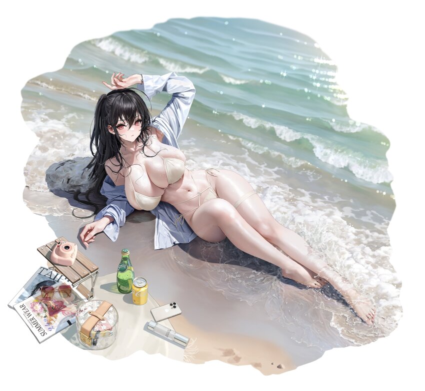 1girl absurdres ahoge arm_up azur_lane bare_shoulders barefoot beach bikini black_hair bottle breasts cellphone cleavage collarbone feet full_body hair_between_eyes highres huge_breasts iphone legs long_hair long_sleeves looking_at_viewer lying messy_hair navel ocean off_shoulder official_alternate_costume official_art on_back one_side_up open_clothes open_shirt outdoors palm_leaf palm_tree phone red_eyes sand shirt side-tie_bikini_bottom sideboob skindentation smartphone stomach string_bikini surcouf_(azur_lane) surcouf_(loisirs_balneaires)_(azur_lane) swimsuit taihou_(azur_lane) taihou_(seaside_daydreams)_(azur_lane) thigh_strap thighs toes tree very_long_hair water wet wet_clothes wet_shirt white_bikini white_shirt yunsang