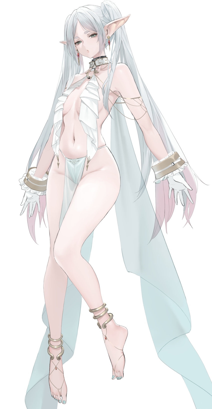 1girl absurdres alternate_costume ass back bare_shoulders barefoot barefoot_sandals_(jewelry) blush breasts dishwasher1910 earrings elf feet frieren full_body green_eyes grey_hair highres jewelry long_hair looking_at_viewer medium_breasts open_mouth parted_bangs pelvic_curtain pointy_ears solo sousou_no_frieren staff thighs tongue tongue_out twintails white_background