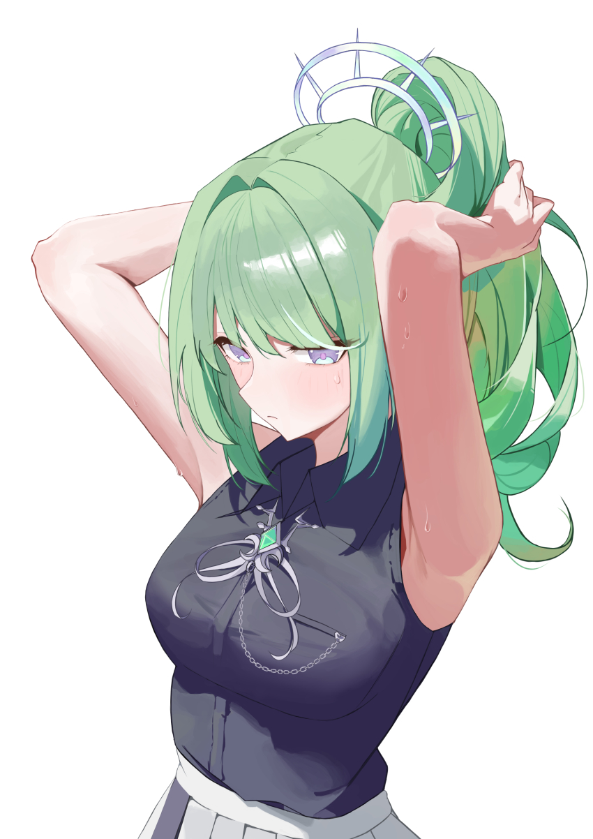 1girl absurdres armpits arms_up bare_arms bare_shoulders black_shirt blue_eyes blush breasts brooch closed_mouth collared_shirt commentary_request green_hair hair_ornament highres jewelry korean_commentary long_hair looking_at_viewer medium_breasts no_jacket ponytail rahwol177 shirt shirt_tucked_in simple_background skirt sleeveless sleeveless_shirt solo stellive sweat upper_body virtual_youtuber white_background white_skirt yuzuha_riko
