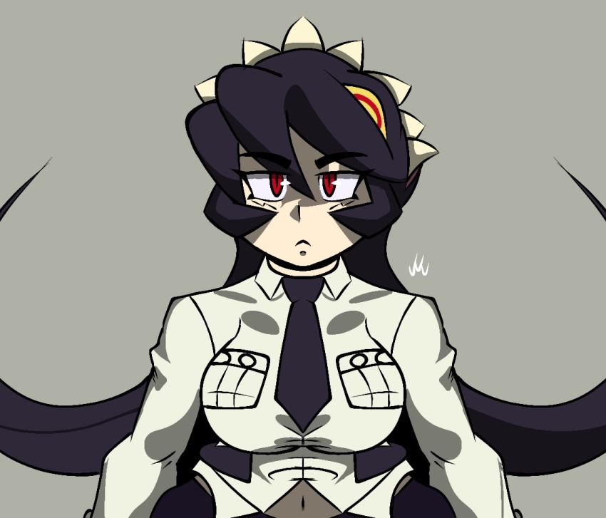 1girl arms_at_sides black_hair breasts facing_viewer female_focus filia_(skullgirls) frown grey_background long_hair machinster navel necktie red_eyes samson_(skullgirls) school_uniform sharp_teeth shirt simple_background skullgirls solo solo_focus stomach teeth unusual_pupils white_shirt yellow_eyes