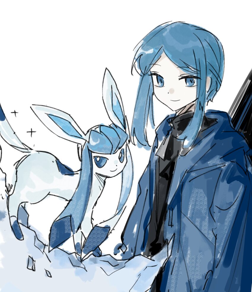 1girl bari_(project_moon) black_jacket blue_coat blue_eyes blue_hair closed_mouth coat erzheawa gen_4_pokemon glaceon highres jacket limbus_company looking_at_viewer nintendo pokemon pokemon_(creature) project_moon short_hair short_hair_with_long_locks simple_background smile solo upper_body white_background