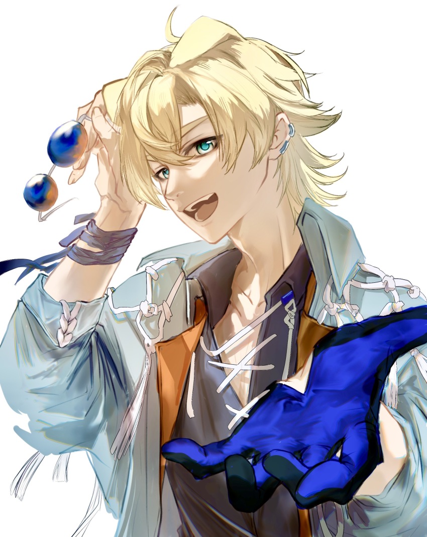1boy 6596244908 absurdres ahoge animal_ears arknights black_gloves blonde_hair blue_eyes blue_gloves blue_jacket blue_ribbon chinese_commentary commentary_request dog_boy dog_ears ear_piercing earrings gloves hair_between_eyes hand_up highres holding holding_removed_eyewear jacket jewelry male_focus official_alternate_costume open_clothes open_jacket open_mouth open_shirt piercing reaching reaching_towards_viewer ribbon single_glove three-quarter_sleeves smile solo string sunglasses teeth tequila_(arknights) tequila_(top_tier_live)_(arknights) unworn_eyewear white_background white_string