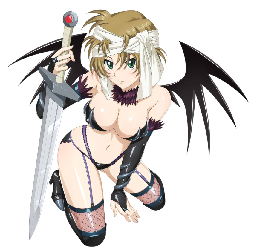 1girl absurdres arm_support armor bikini bikini_armor black_bikini blonde_hair breasts cleavage demon_wings fingerless_gloves gloves green_eyes high_school_dxd highres karlamine_(high_school_dxd) kneeling large_breasts legs looking_at_viewer navel official_art short_hair smile solo swimsuit sword thighs torn_clothes underboob weapon wings