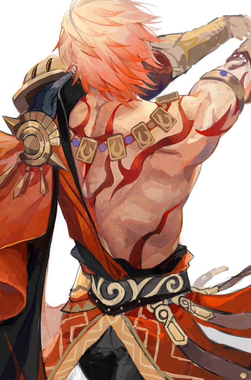 1boy absurdres armlet back_muscles black_pants blonde_hair chikushi_azu commentary_request cowboy_shot from_behind gradient_hair highres honkai:_star_rail honkai_(series) jewelry male_focus multicolored_hair mydei_(honkai:_star_rail) outstretched_arms pants red_hair red_tattoo short_hair simple_background solo tattoo toned toned_male white_background